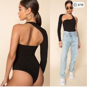 superdown Alessandra Asymmetrical Edgy Bodysuit in Black